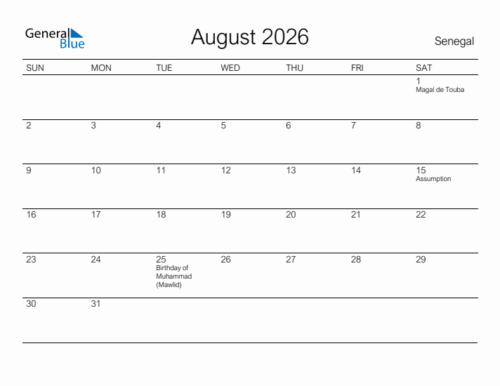Printable August 2026 Calendar for Senegal