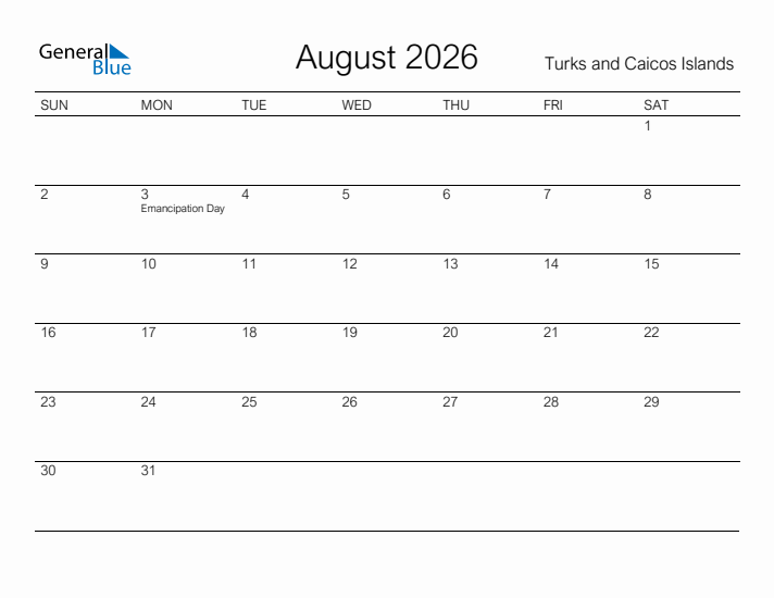 Printable August 2026 Calendar for Turks and Caicos Islands