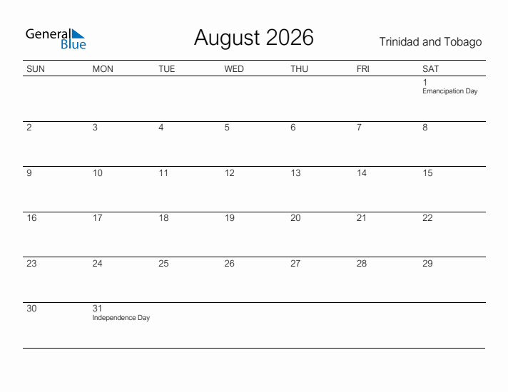 Printable August 2026 Calendar for Trinidad and Tobago