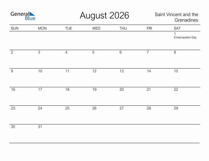 Printable August 2026 Calendar for Saint Vincent and the Grenadines