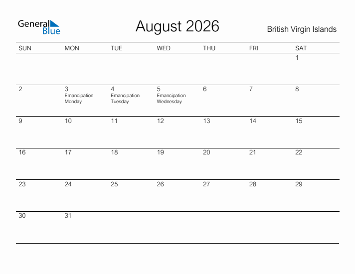 Printable August 2026 Calendar for British Virgin Islands