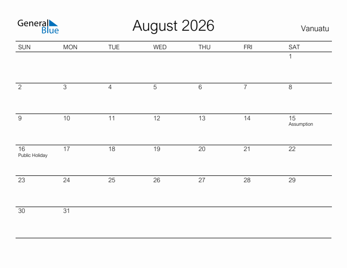 Printable August 2026 Calendar for Vanuatu