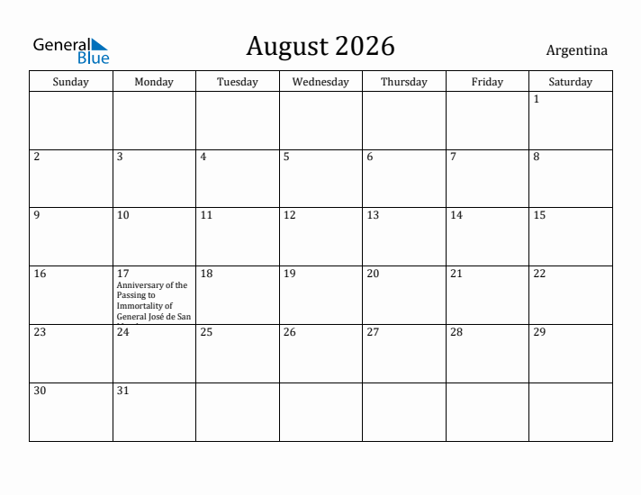 August 2026 Calendar Argentina