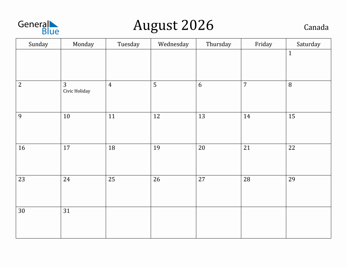 August 2026 monthly calendar with holidays in Canada