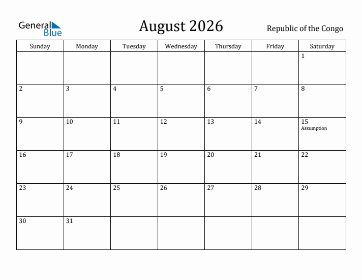 August 2026 Calendar Republic of the Congo