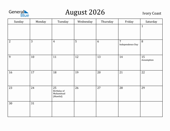 August 2026 Calendar Ivory Coast