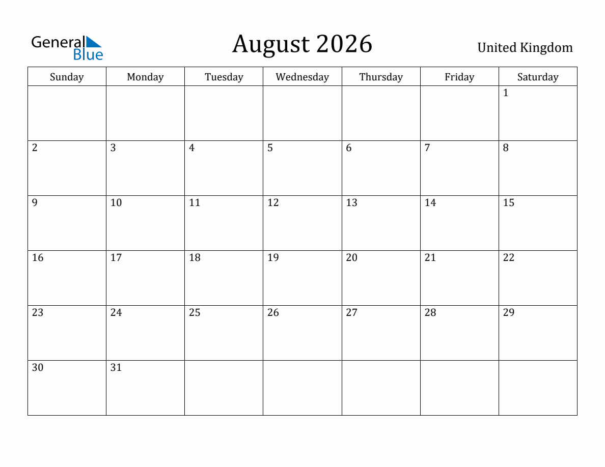 August 2026 monthly calendar with holidays in United Kingdom