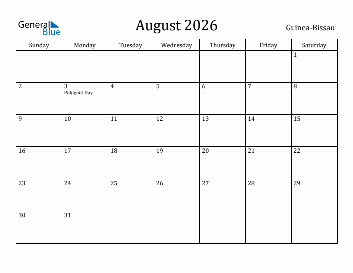 August 2026 Calendar Guinea-Bissau