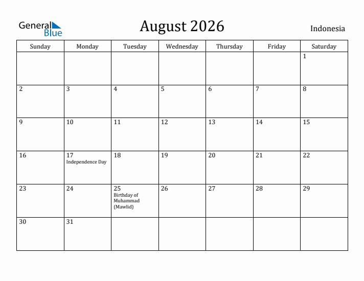 August 2026 Calendar Indonesia