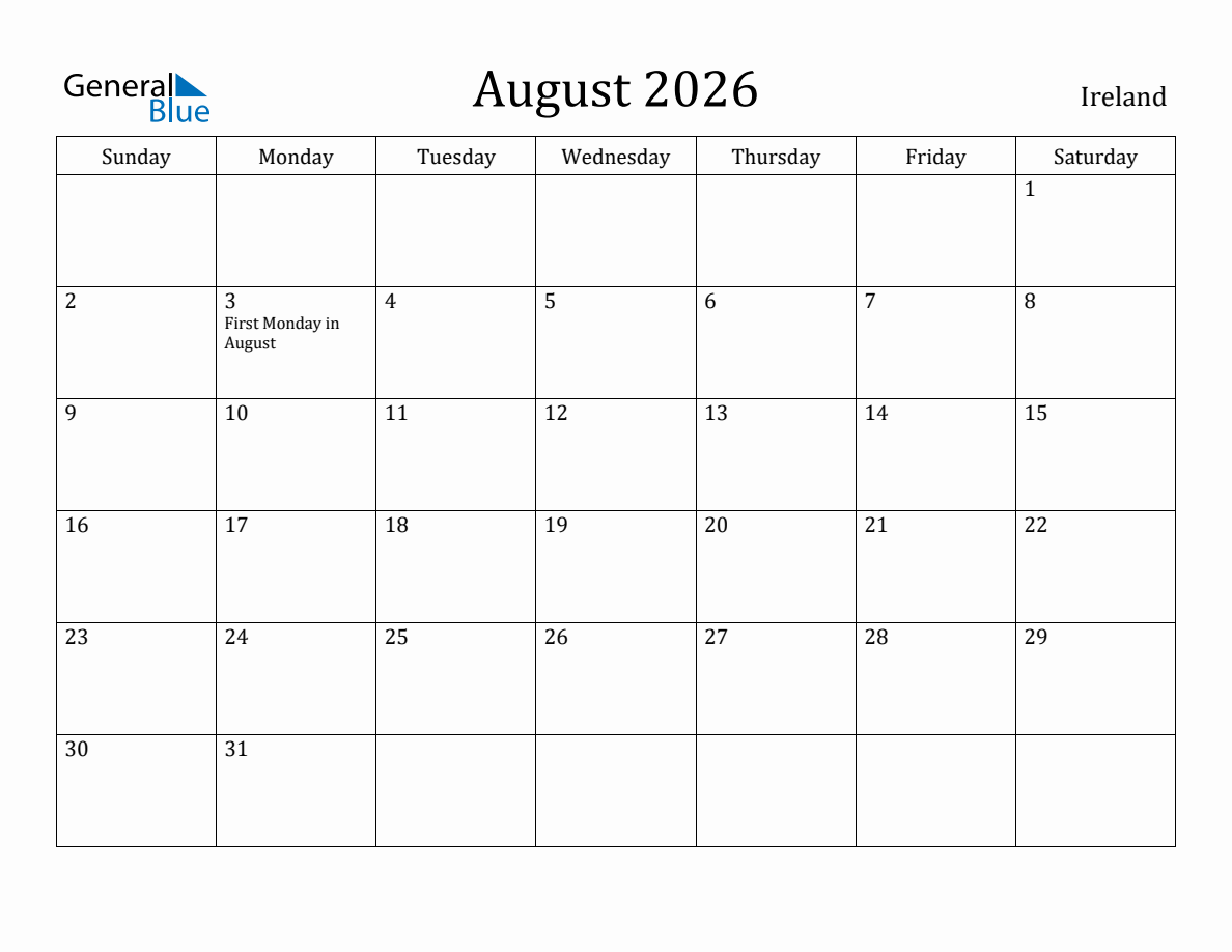 August 2026 monthly calendar with holidays in Ireland