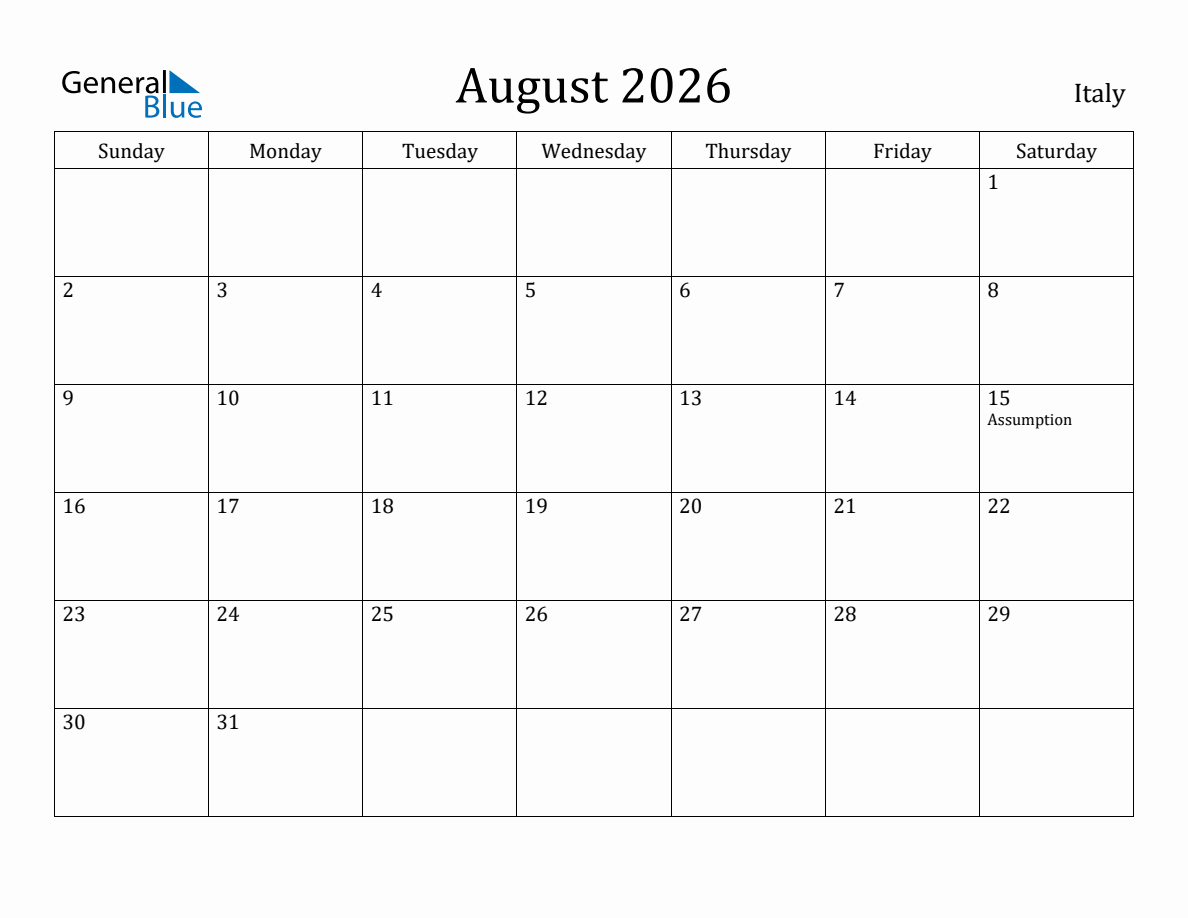August 2026 monthly calendar with holidays in Italy