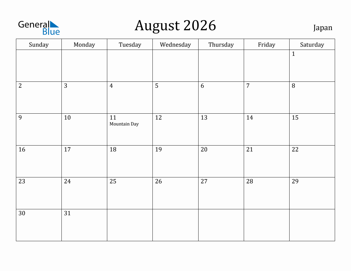 August 2026 monthly calendar with holidays in Japan