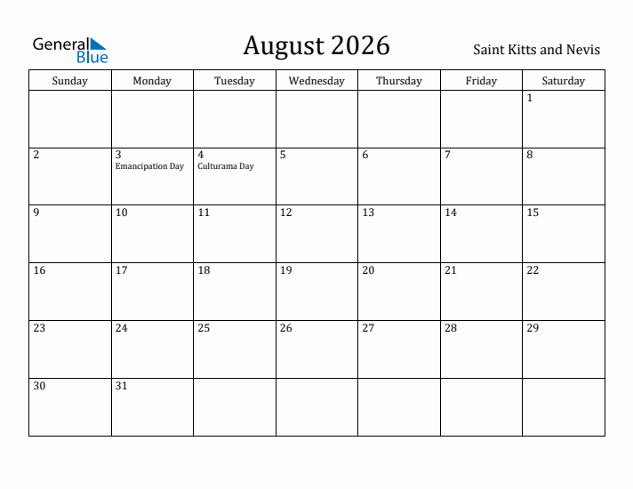 August 2026 Calendar Saint Kitts and Nevis
