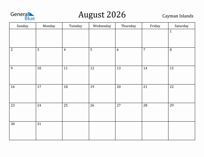 August 2026 Calendar Cayman Islands