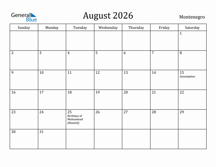 August 2026 Calendar Montenegro
