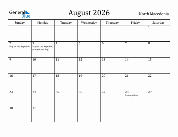 August 2026 Calendar North Macedonia