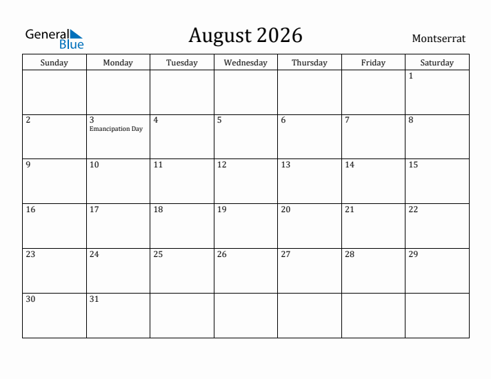 August 2026 Calendar Montserrat
