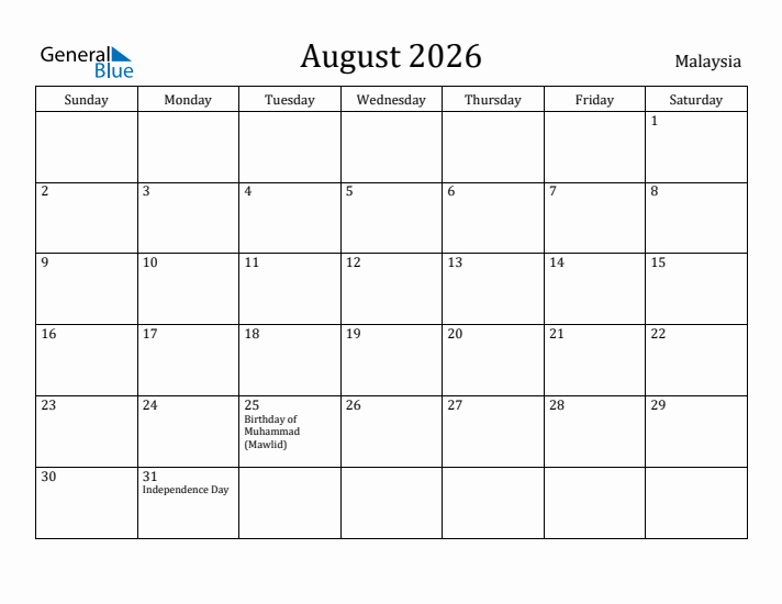 August 2026 Calendar Malaysia