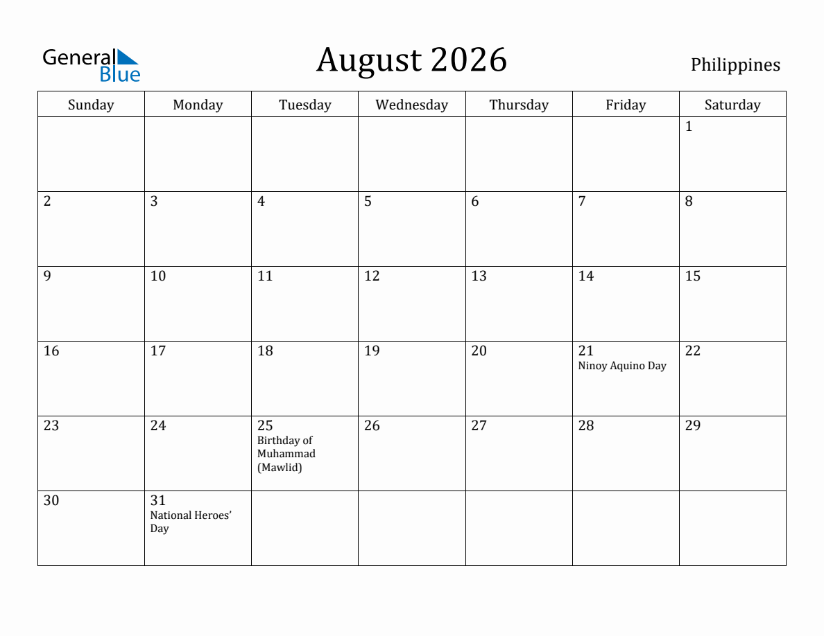 August 2026 monthly calendar with holidays in Philippines
