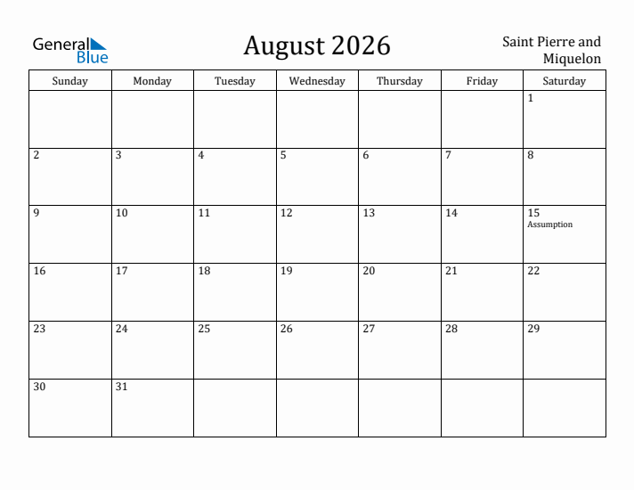 August 2026 Calendar Saint Pierre and Miquelon
