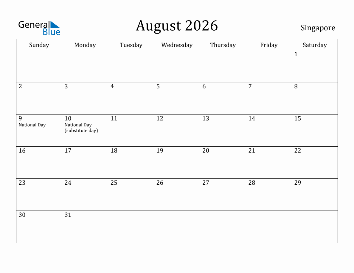 August 2026 monthly calendar with holidays in Singapore