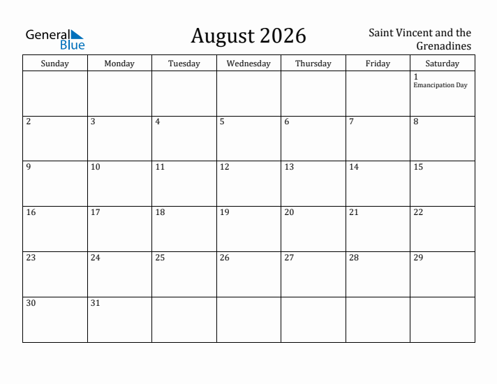 August 2026 Calendar Saint Vincent and the Grenadines
