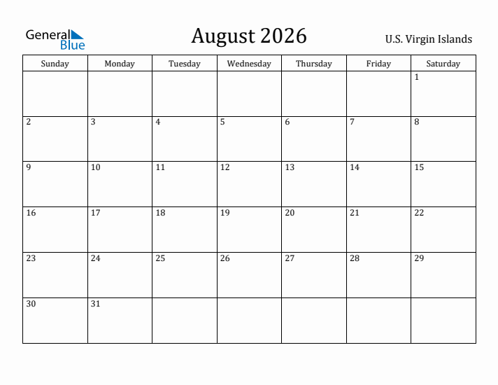 August 2026 Calendar U.S. Virgin Islands