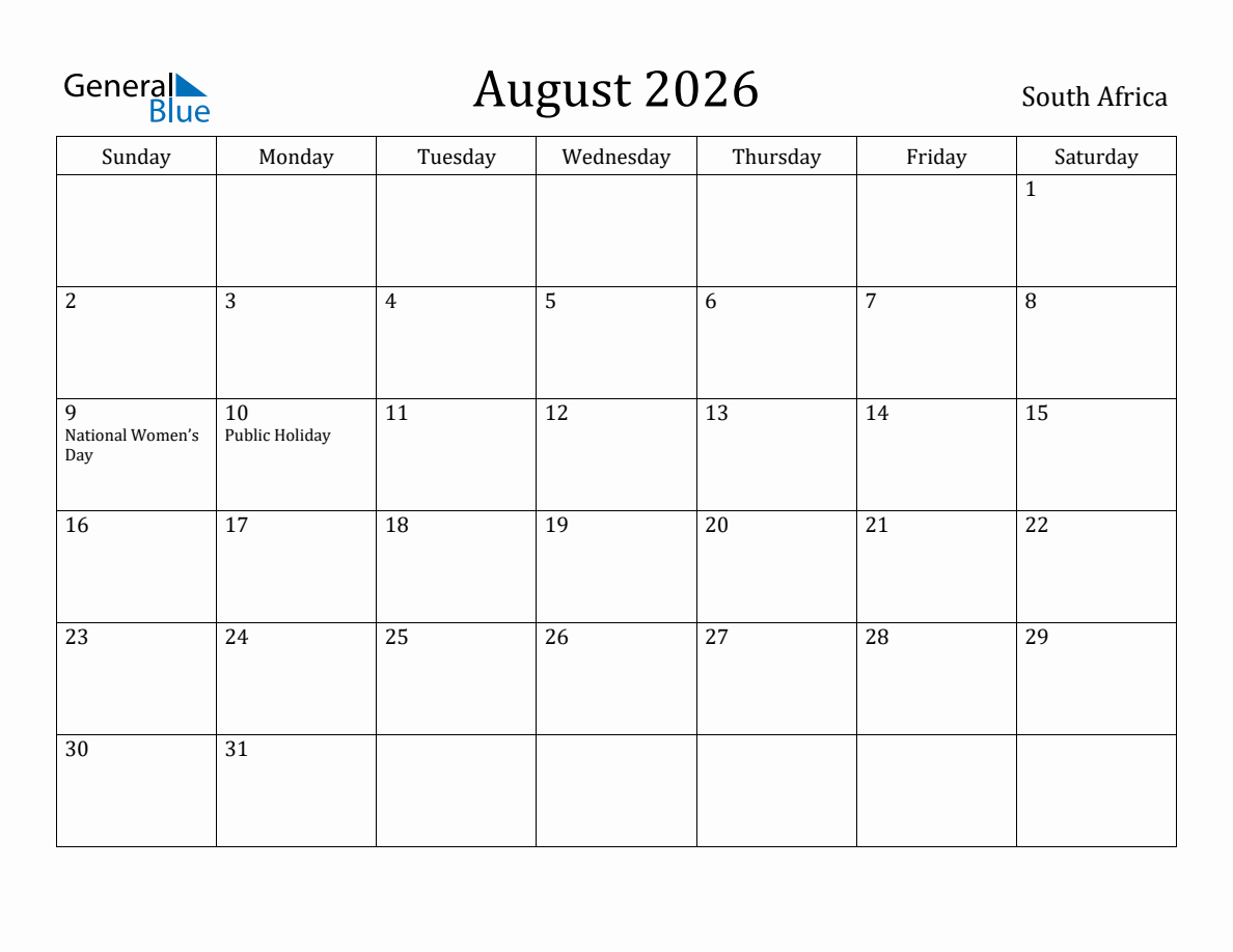August 2026 monthly calendar with holidays in South Africa