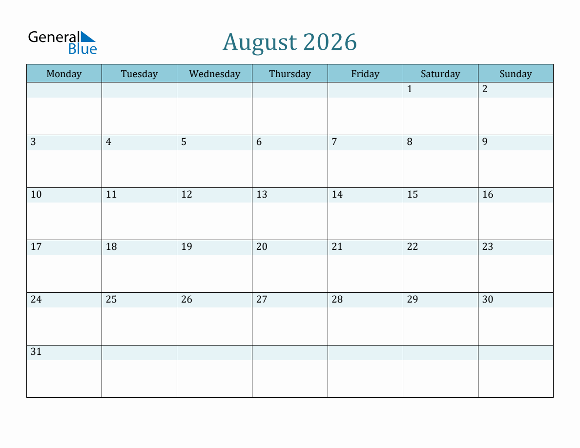 August 2026 Monthly Calendar Template (Monday Start)