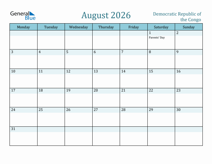 August 2026 Calendar with Holidays
