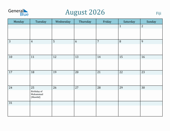 August 2026 Calendar with Holidays