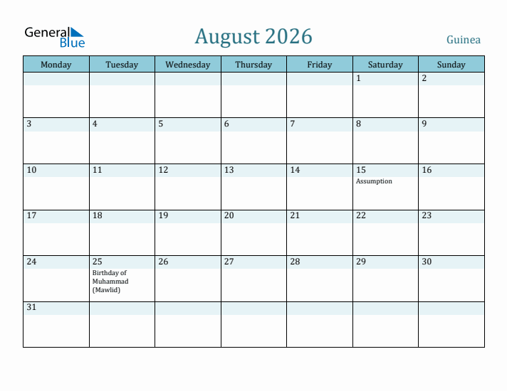 August 2026 Calendar with Holidays