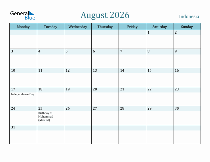 August 2026 Calendar with Holidays