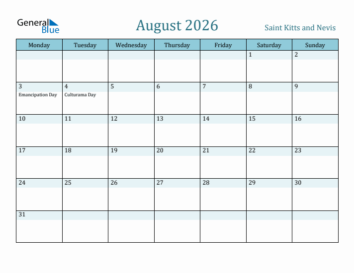 August 2026 Calendar with Holidays
