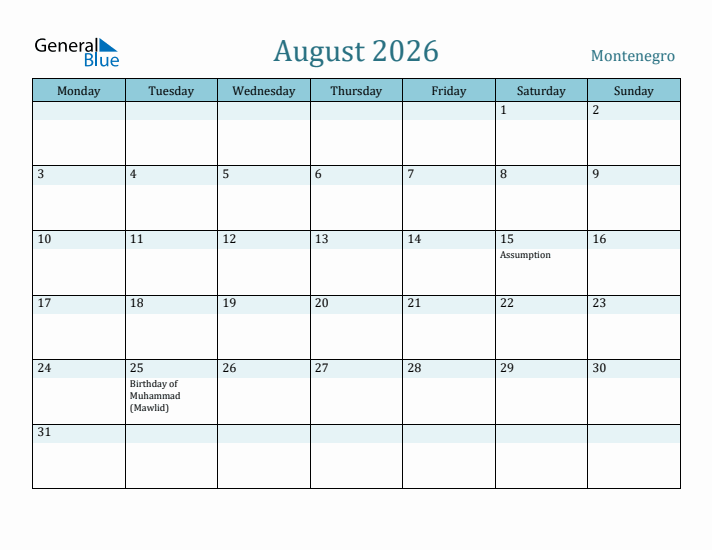 August 2026 Calendar with Holidays
