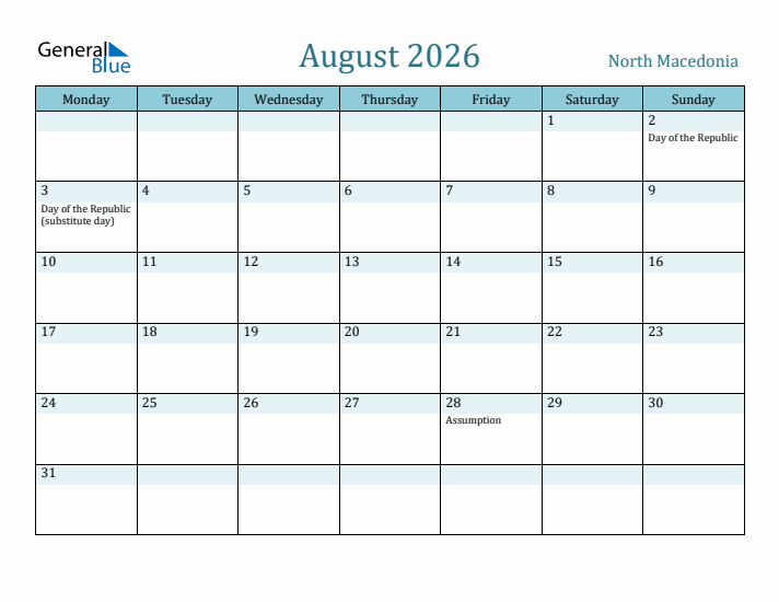 August 2026 Calendar with Holidays