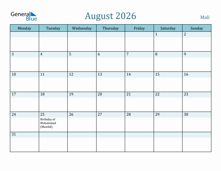 August 2026 Calendar with Holidays