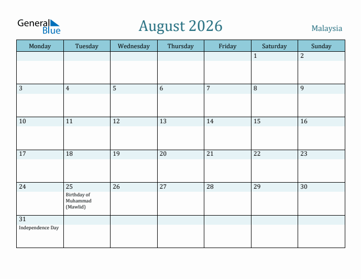 August 2026 Calendar with Holidays