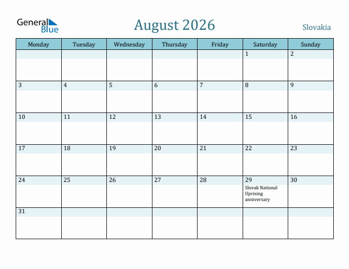 August 2026 Calendar with Holidays