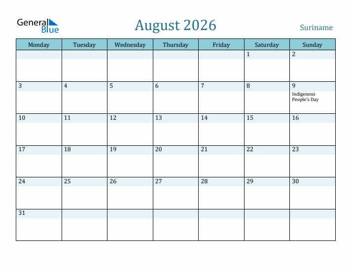 August 2026 Calendar with Holidays