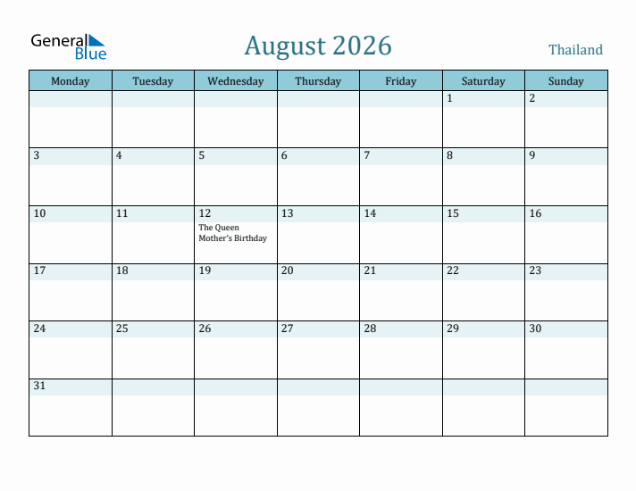 August 2026 Calendar with Holidays