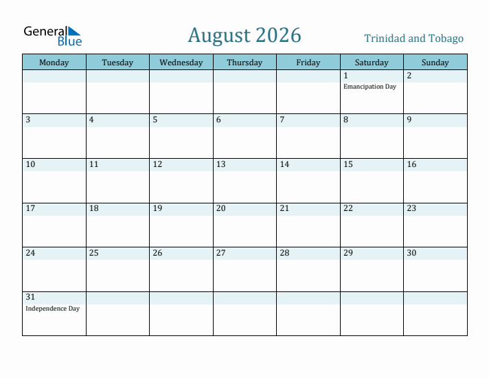 August 2026 Calendar with Holidays