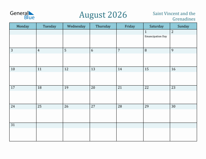 August 2026 Calendar with Holidays