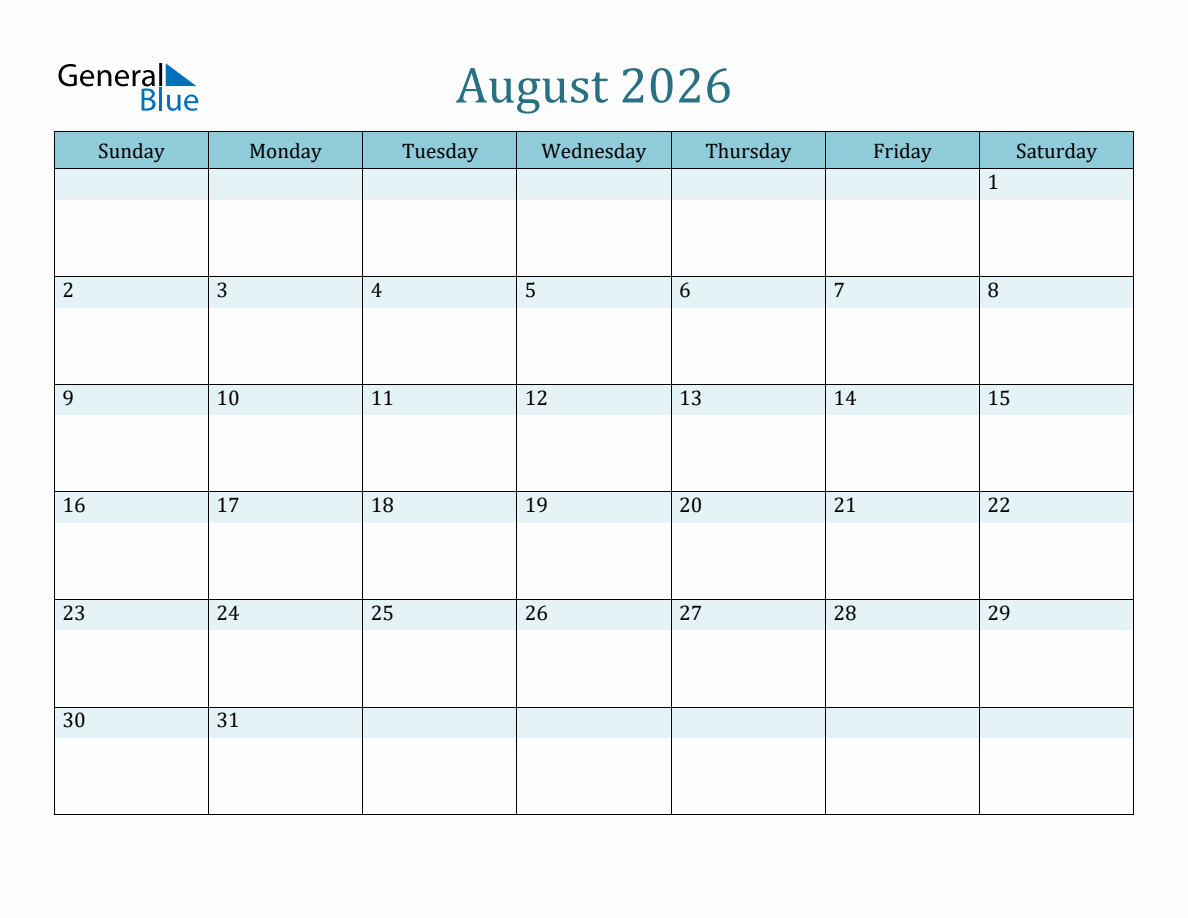 August 2026 Monthly Calendar Template