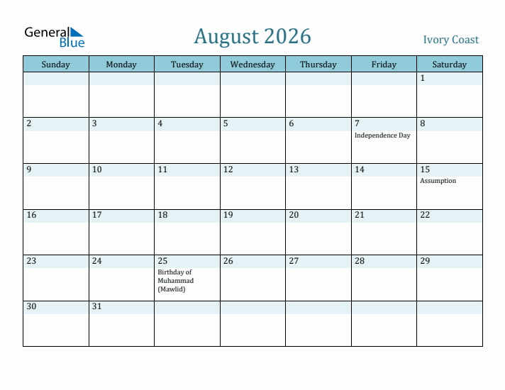 August 2026 Calendar with Holidays