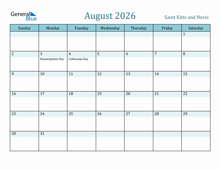 August 2026 Calendar with Holidays