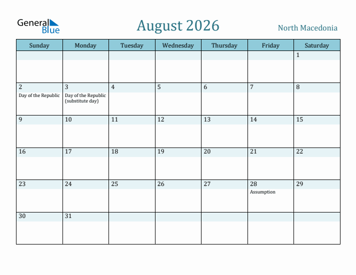 August 2026 Calendar with Holidays