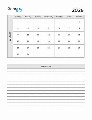 Current month calendar August 2026