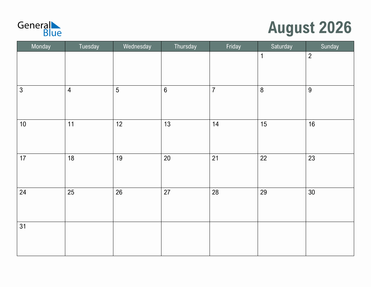 Blank August 2026 Monthly Calendar Template