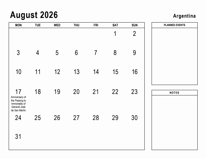 August 2026 Printable Monthly Calendar with Argentina Holidays